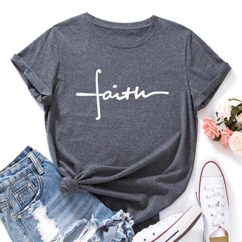 Grey with White Cross 'Faith' Crewneck Tee 